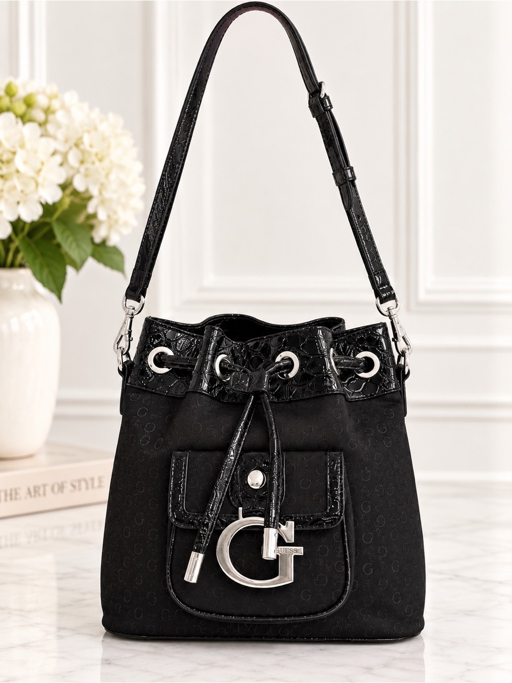 RARE Vintage Y2K Guess Black Monogram Drawstring Bucket Bag silver buckle